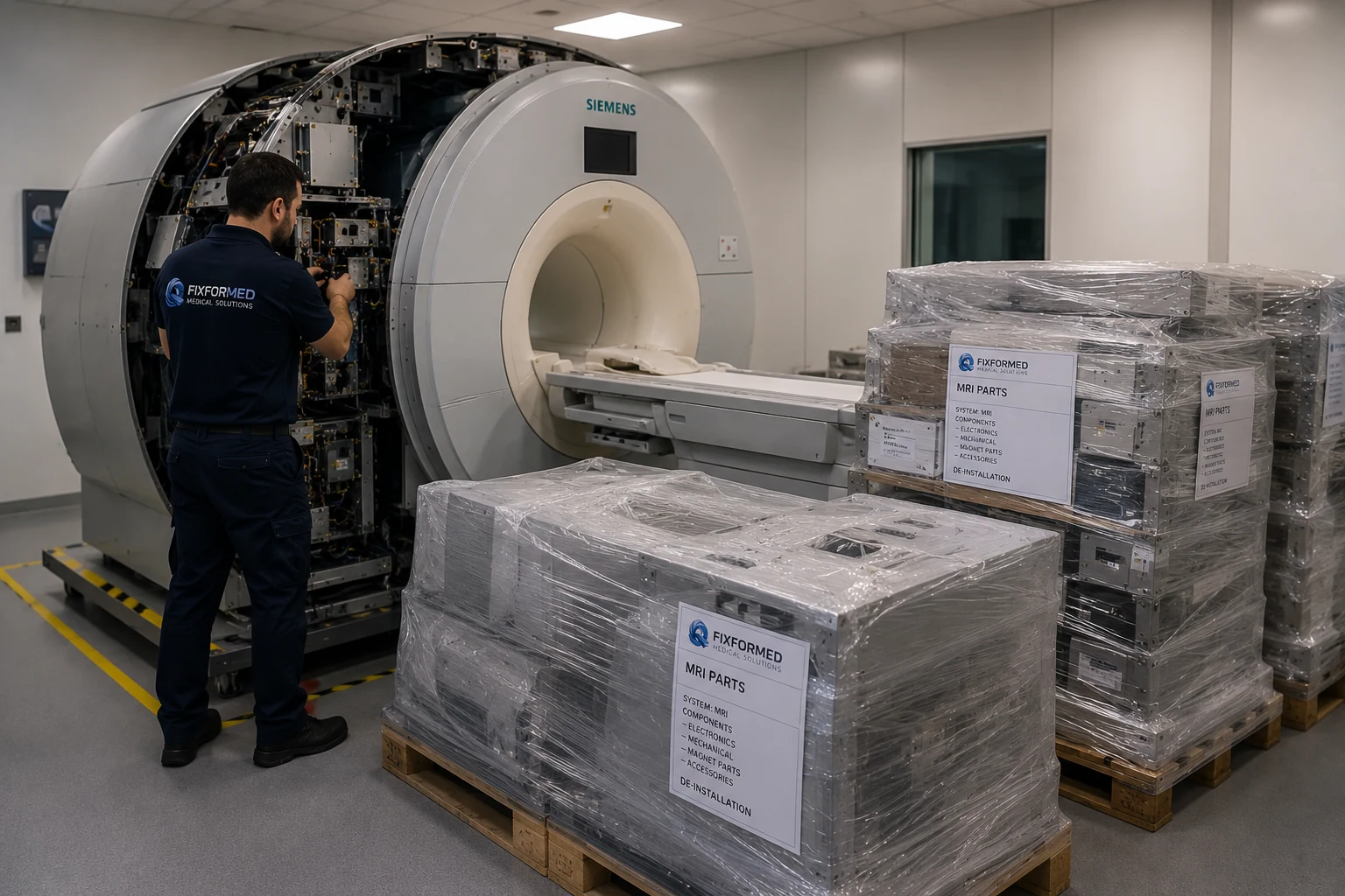 MRI de-installation with wrapped components on pallets