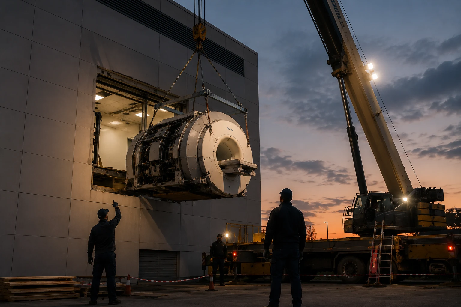 MRI magnet removal by crane from a building facade