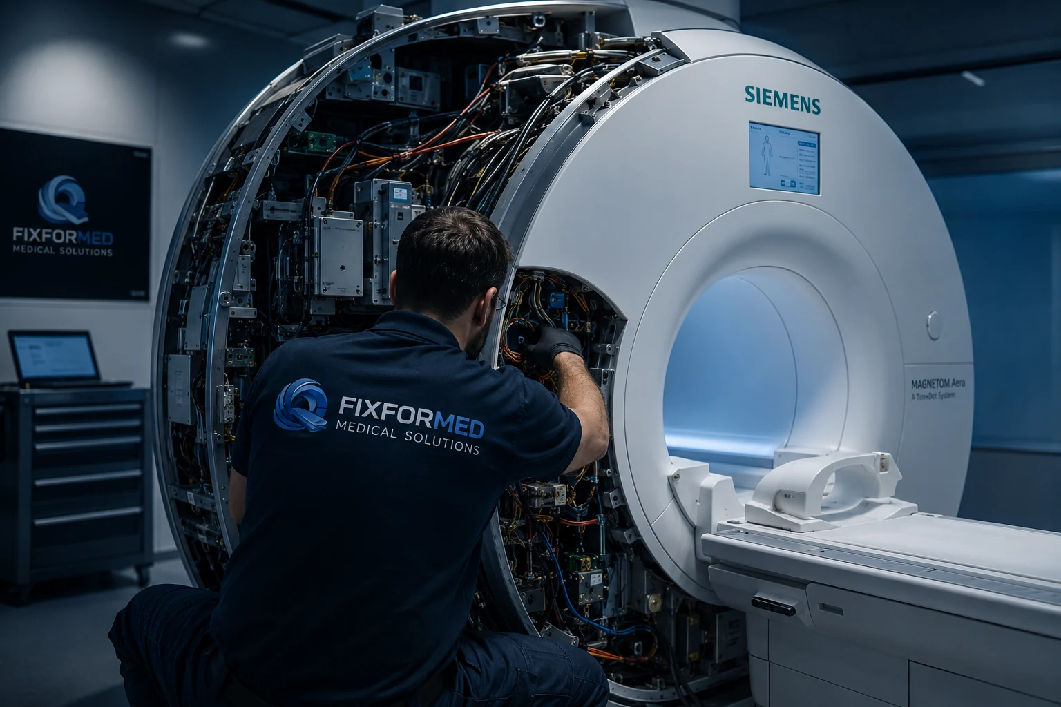 Fixformed engineer working on an open Siemens MRI scanner