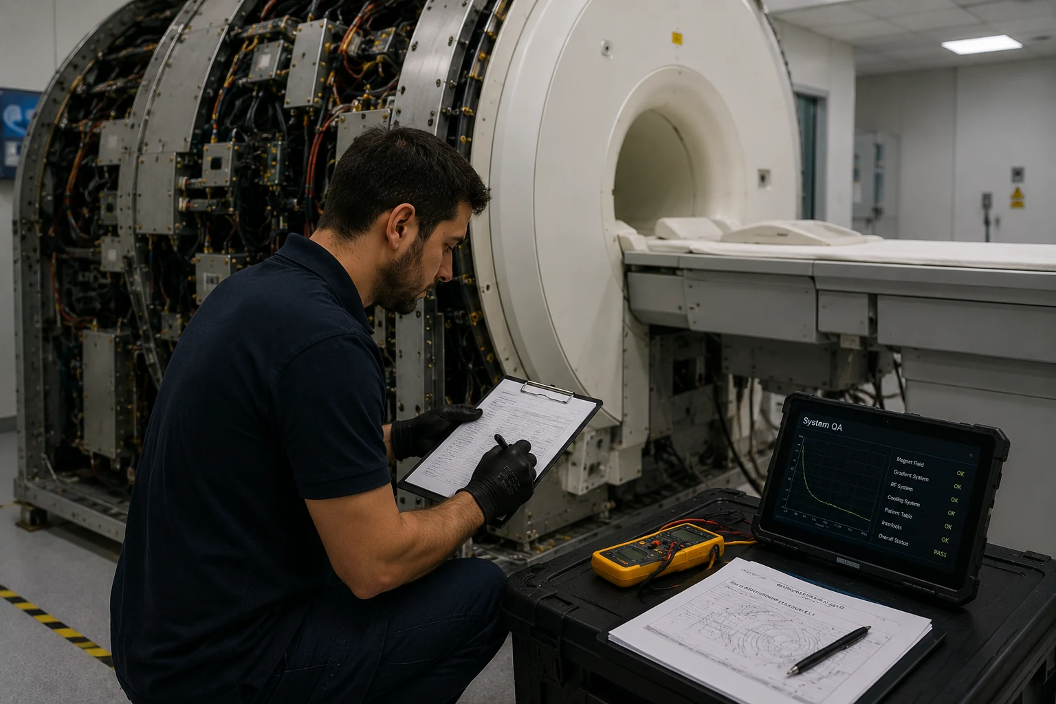Technician performing MRI inspection and QA documentation
