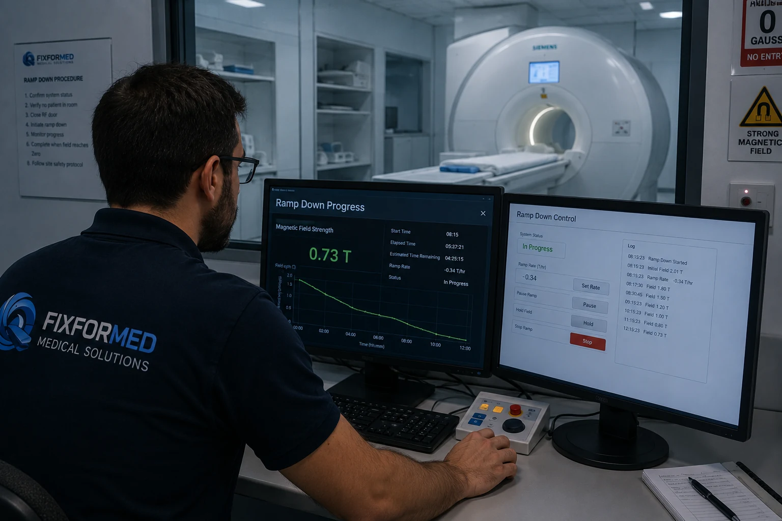 Engineer monitoring MRI ramp-down software
